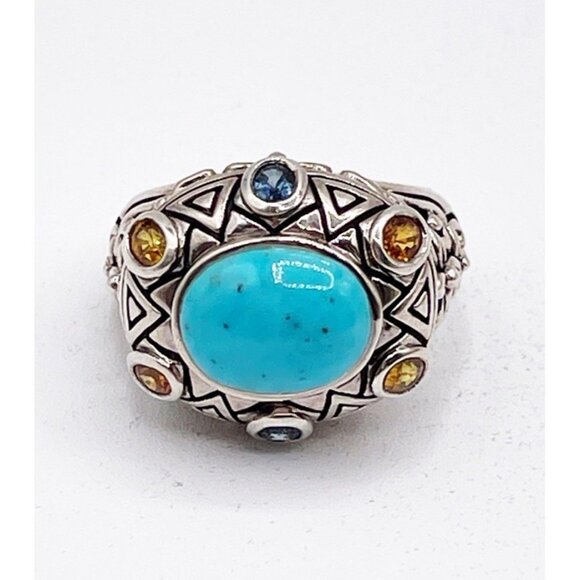 Sally C Treasures Sterling Silver Turquoise & Gems Tribal Sunburst Ring SZ 11 - Picture 1 of 10